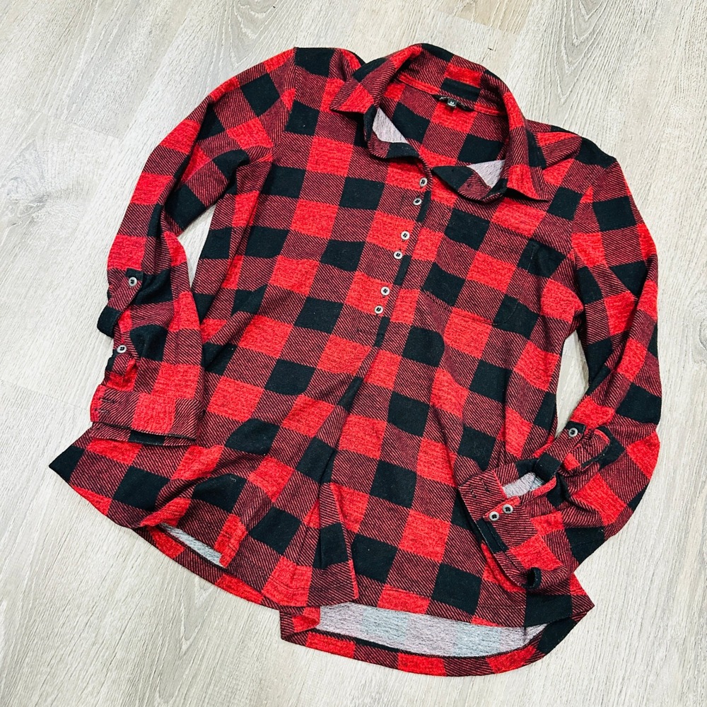 John Mark Womens Medium Button Down Shirt Red Black Buffalo Plaid Roll Tab Shirt